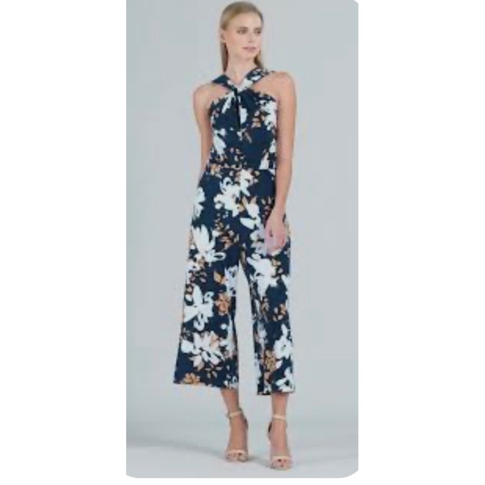 Clara Sunwoo‎ Floral Halter Jumpsuit Navy Tan White Wide Leg Crop XS Made in USA